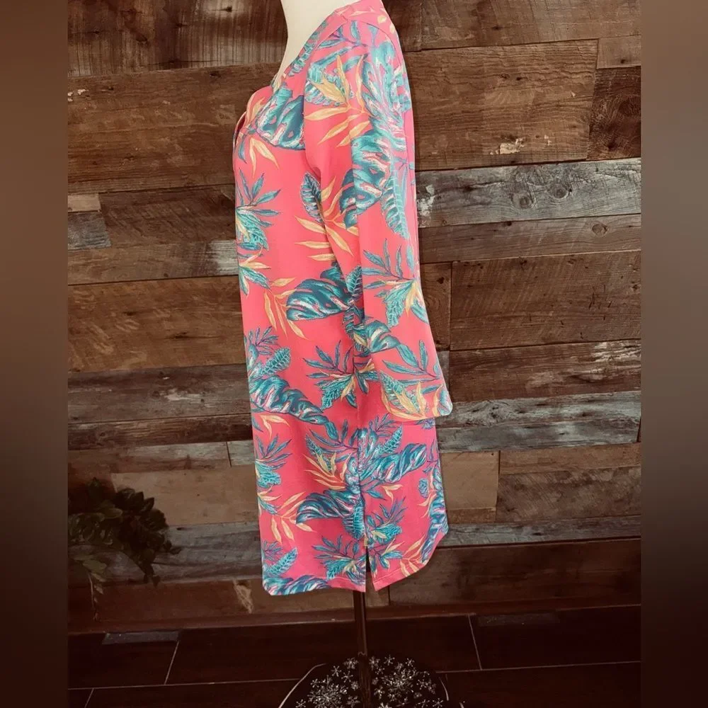Caribbean Joe Tropical Floral Notch Neck Shift Dress Pink Blue Size Medium